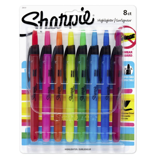 Sharpie Retractable Highlighter, Chisel Tip, Assorted, 8/Pack (28101)