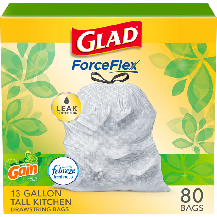 Glad ForceFlex Tall Kitchen Drawstring Trash Bags, 13 Gallon, White, Gain Original scent, 80/Box (78750)