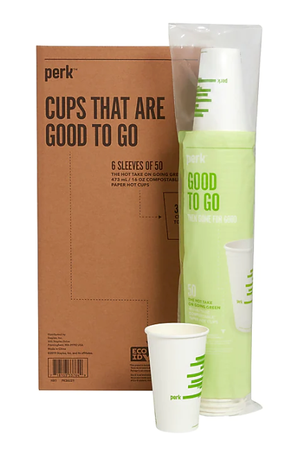 Perk™ Compostable Paper Hot Cup, 16 Oz., White/Green, 300/Carton (PK56221)