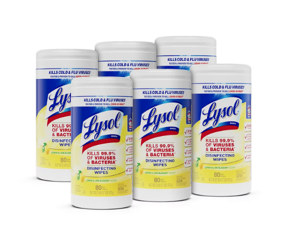 Lysol Disinfecting Wipes, Lemon & Lime Blossom, 80 Wipes/Canister, 6 Canisters/Carton (1920077182CT)