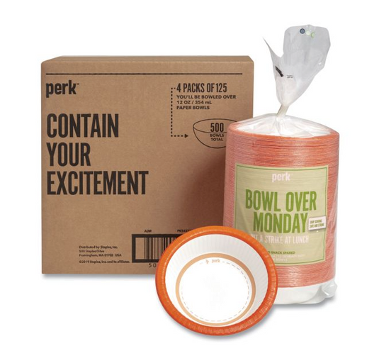 Perk™ Heavy-Weight Paper Bowls, 12 Oz., White/Orange, 500/Carton (PK54332)