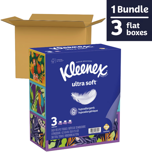 Kleenex Ultra Soft Facial Tissue, 3-Ply, 120 Tissues/Box, 3 Boxes/Pack (54314)