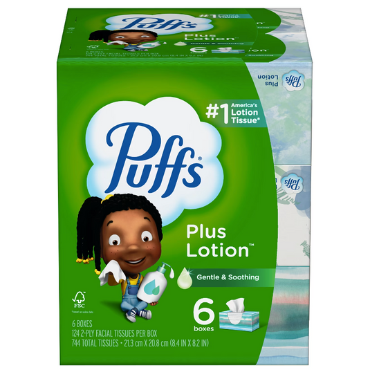 Puffs Plus Lotion Facial Tissue, 2-ply, 124 Tissues/Box, 6 Boxes/Pack (39383)