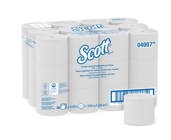 Scott Essential Recycled Coreless Toilet Paper, 2-ply, White, 1000 Sheets/Roll, 36 Rolls/Case (04007)