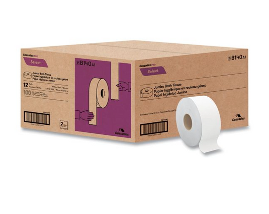 Cascades Jumbo Toilet Paper, 2-Ply, White, 12 Rolls/Carton (8140)